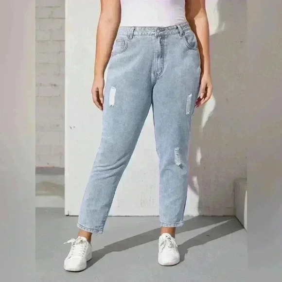 🎆 SHEIN high waisted distressed mom jean light wash XL tapered leg non-stretch - Picture 2 of 11